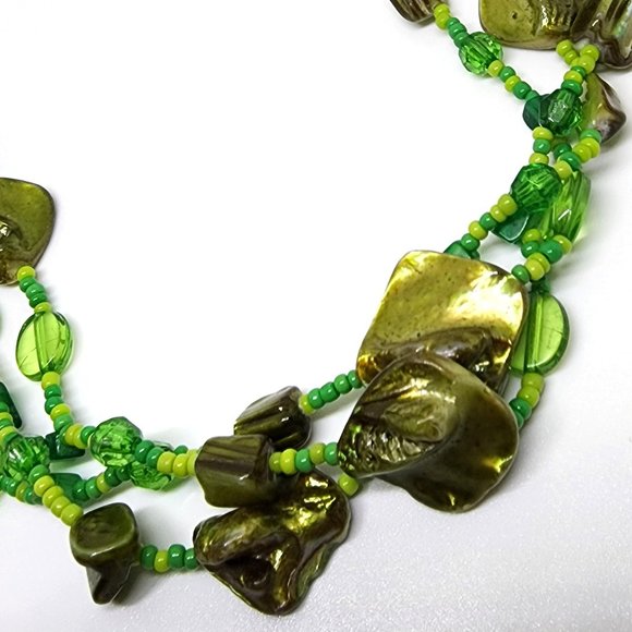 Triple Strand Green MOP Abalone Glass and Seed Bead Statement Necklace - Picture 5 of 11